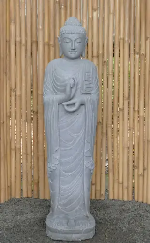 Product image of the product “Standing Buddha made of Riverstone in Dharmachakra position - gesture of wheel of the teaching of Dharma. About 152cm height ”